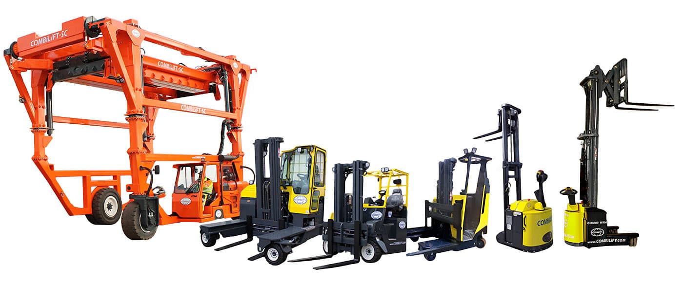 The Combilift family — straddle carrier, sit-down multi-directional forklifts, sideloaders and pedestrian stackers
