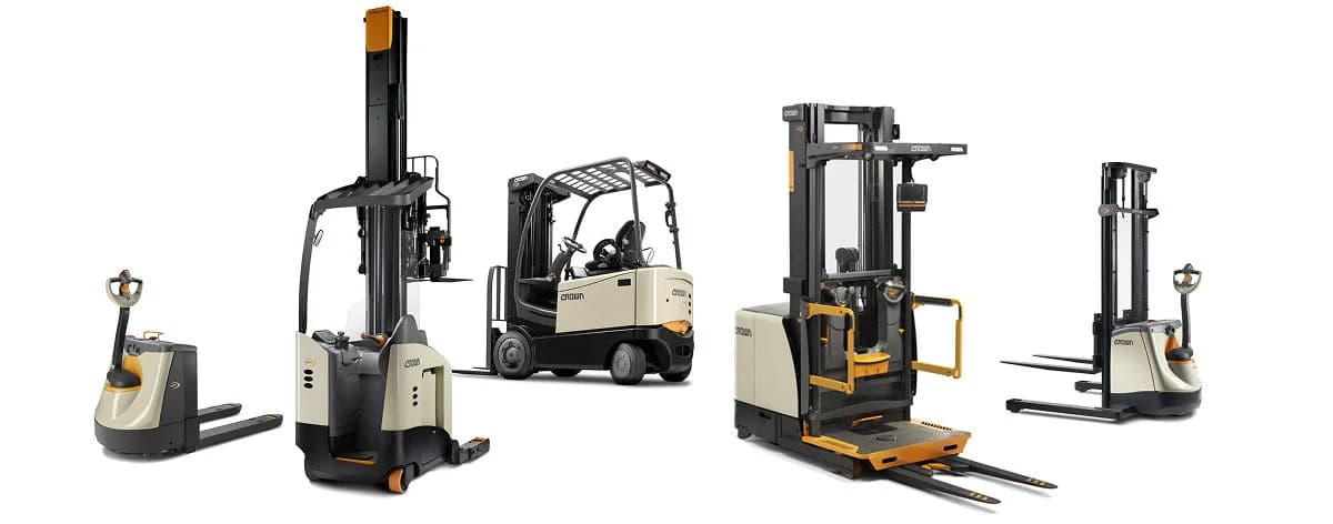 The Crown lineup — walkie pallet jack, reach truck, sit-down counterbalance forklift, order picker and walkie stacker