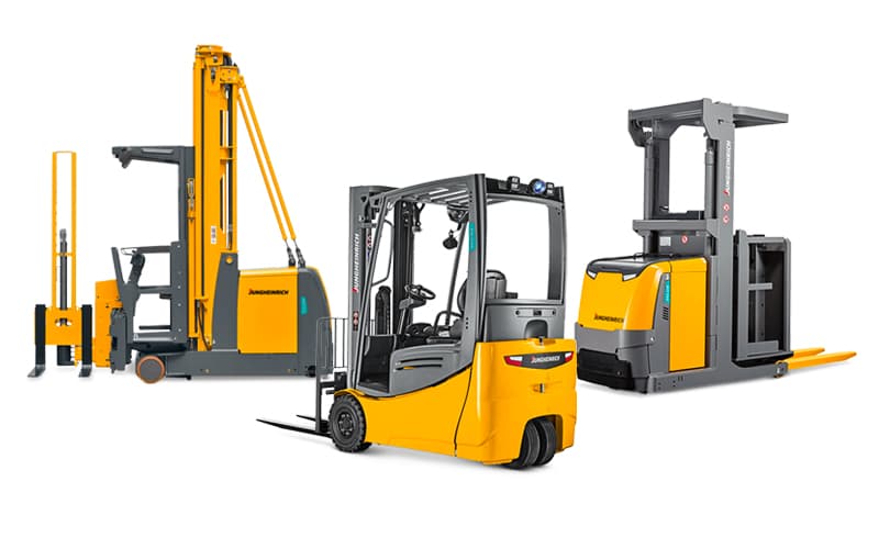 The Jungheinrich lineup — pedestrian stacker, very-narrow-aisle turret truck, three-wheel electric counterbalance forklift and order picker