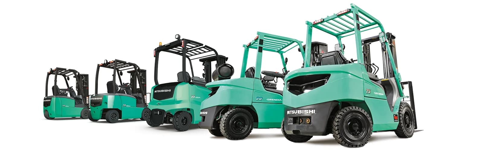 The Mitsubishi forklift lineup — electric three-wheel and four-wheel counterbalance models alongside GRENDIA internal-combustion forklifts